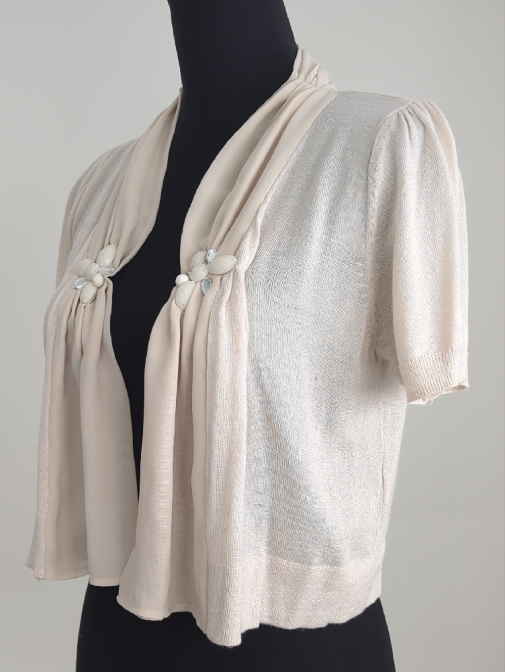 The Limited Cream Short Sleeve Shrug with Draped Scarf and Bead Accents - Picture 10 of 14